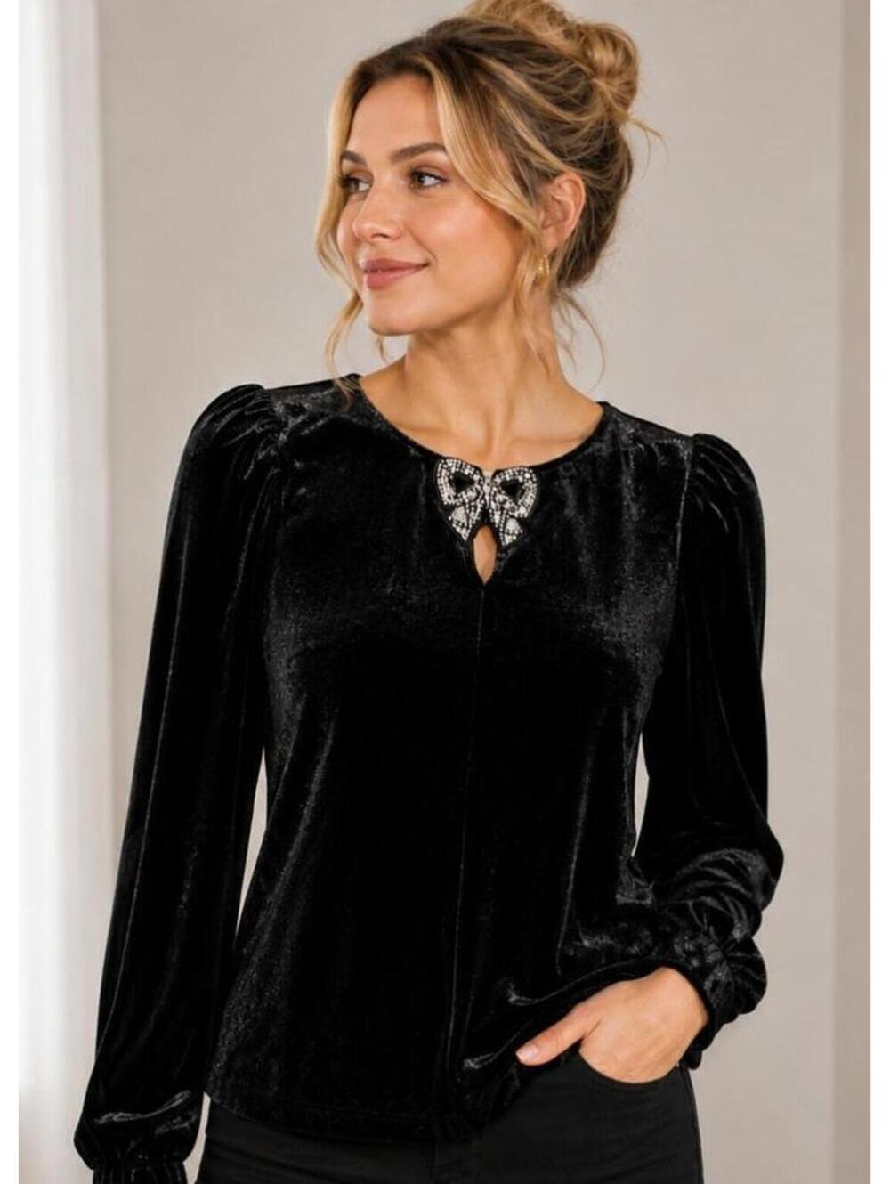 LOFT Black Velvet Puff Sleeve Bow Detail Top Blouse Size Large